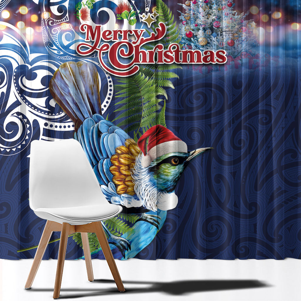 New Zealand Merry Christmas Window Curtain Maori Tribal Pattern with Xmas Tui Bird LT03 - Polynesian Pride