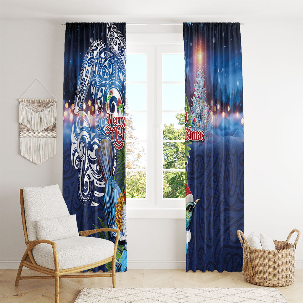 New Zealand Merry Christmas Window Curtain Maori Tribal Pattern with Xmas Tui Bird LT03 - Polynesian Pride