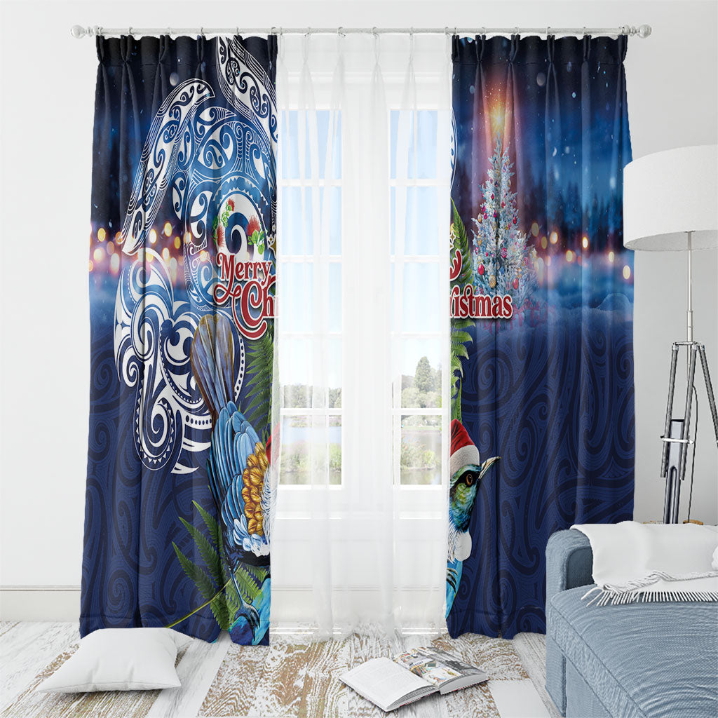 New Zealand Merry Christmas Window Curtain Maori Tribal Pattern with Xmas Tui Bird LT03 - Polynesian Pride