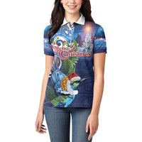 New Zealand Merry Christmas Women Polo Shirt Maori Tribal Pattern with Xmas Tui Bird