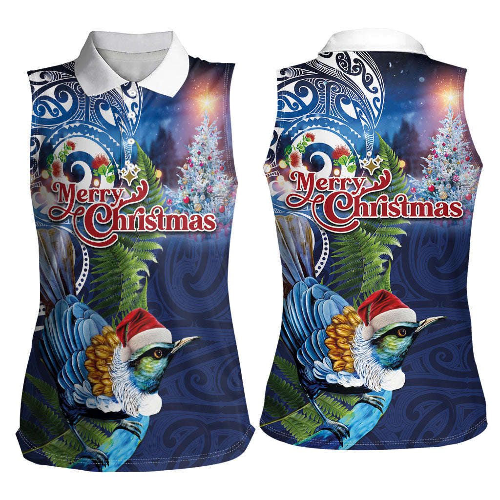 New Zealand Merry Christmas Women Sleeveless Polo Shirt Maori Tribal Pattern with Xmas Tui Bird