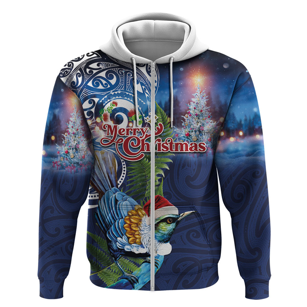 New Zealand Merry Christmas Zip Hoodie Maori Tribal Pattern with Xmas Tui Bird LT03 Zip Hoodie Multicolor - Polynesian Pride
