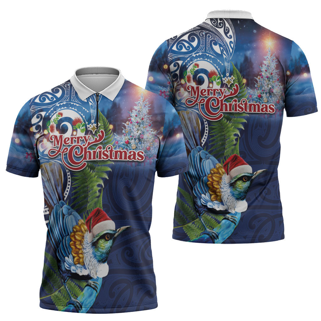 New Zealand Merry Christmas Zipper Polo Shirt Maori Tribal Pattern with Xmas Tui Bird