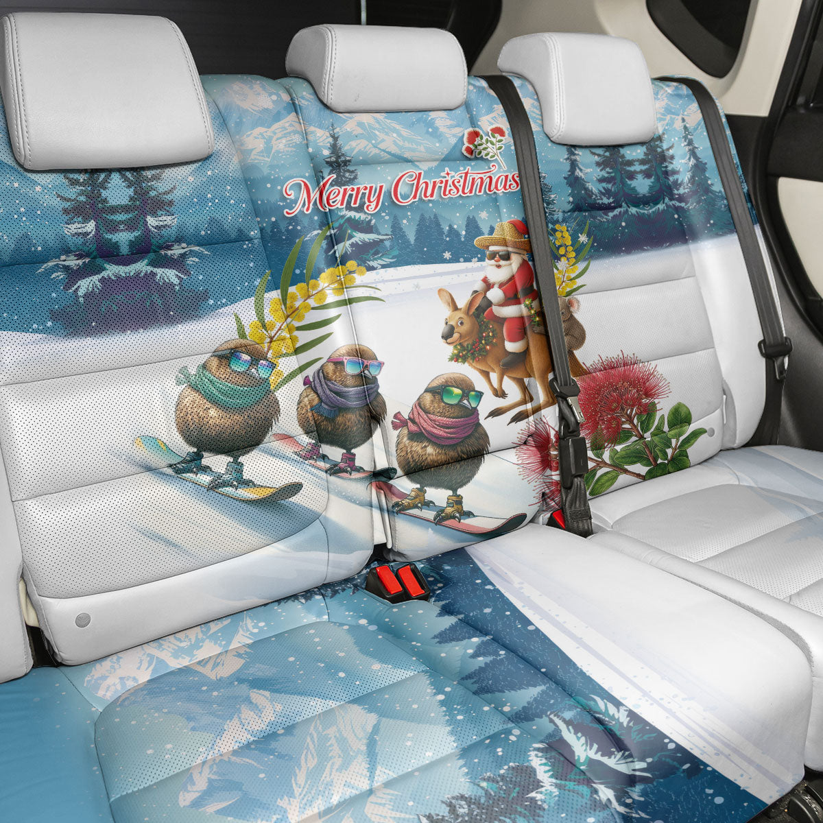 New Zealand and Australia Merry Christmas Back Car Seat Cover Kiwi Birds Skiing and Koala Santa Riding Kangaroo