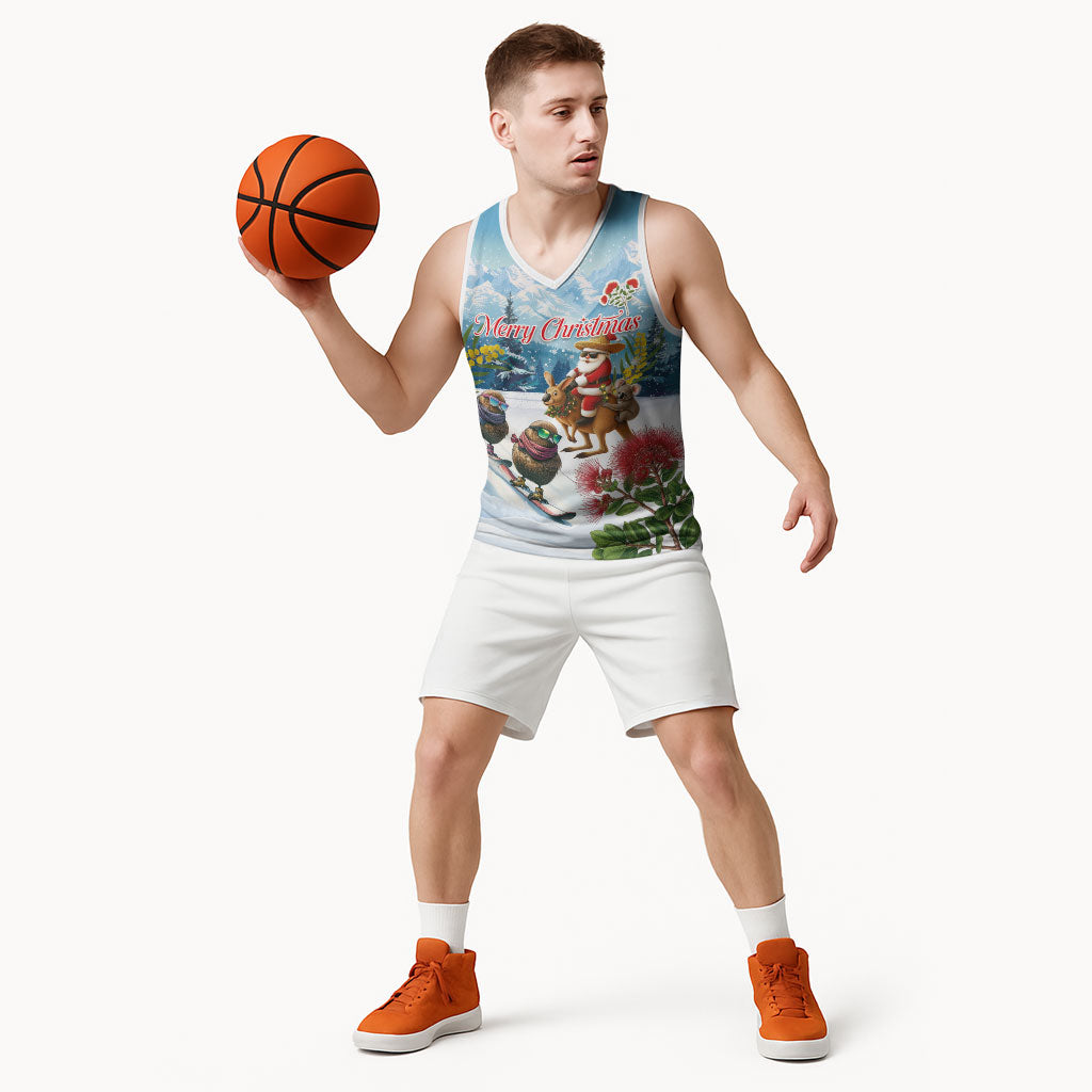 New Zealand and Australia Merry Christmas Basketball Jersey Kiwi Birds Skiing and Koala Santa Riding Kangaroo