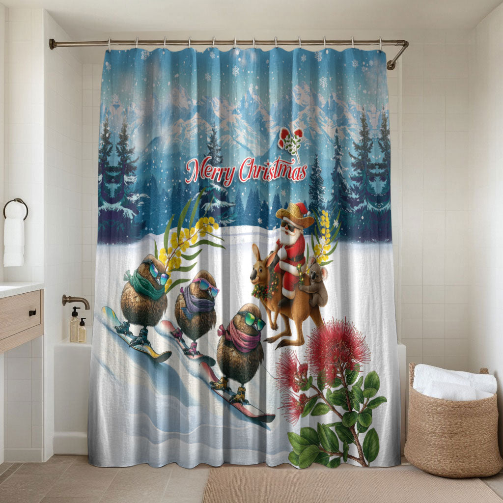 New Zealand and Australia Merry Christmas Bathroom Set Kiwi Birds Skiing and Koala Santa Riding Kangaroo