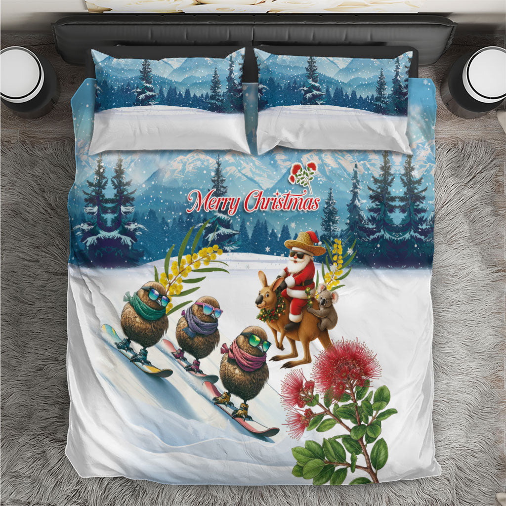 New Zealand and Australia Merry Christmas Bedding Set Kiwi Birds Skiing and Koala Santa Riding Kangaroo LT03 Multicolor - Polynesian Pride