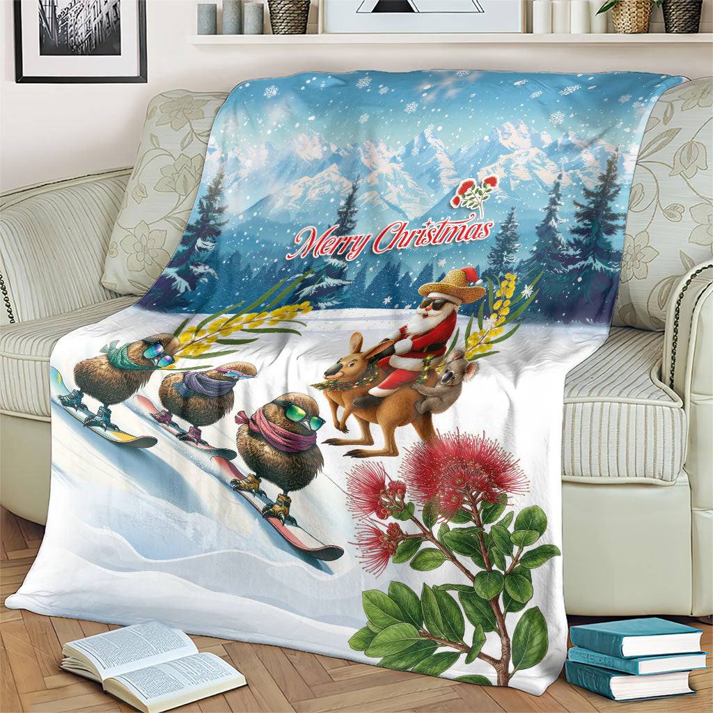 New Zealand and Australia Merry Christmas Blanket Kiwi Birds Skiing and Koala Santa Riding Kangaroo