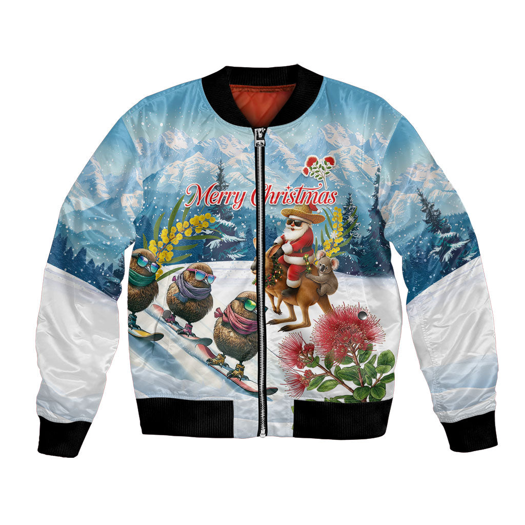 New Zealand and Australia Merry Christmas Bomber Jacket Kiwi Birds Skiing and Koala Santa Riding Kangaroo LT03 Unisex Multicolor - Polynesian Pride