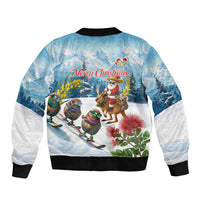 New Zealand and Australia Merry Christmas Bomber Jacket Kiwi Birds Skiing and Koala Santa Riding Kangaroo