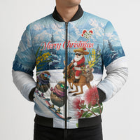 New Zealand and Australia Merry Christmas Bomber Puffer Jacket Kiwi Birds Skiing and Koala Santa Riding Kangaroo