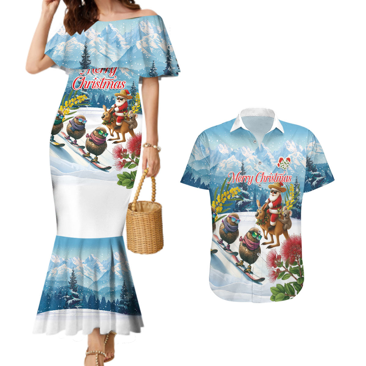 New Zealand and Australia Merry Christmas Couples Matching Mermaid Dress and Hawaiian Shirt Kiwi Birds Skiing and Koala Santa Riding Kangaroo LT03 Multicolor - Polynesian Pride