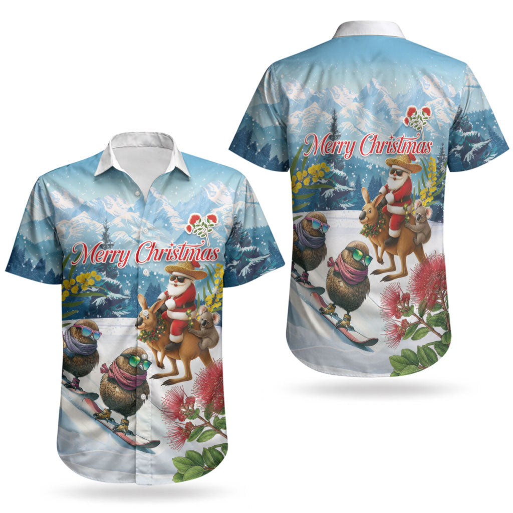 New Zealand and Australia Merry Christmas Couples Matching Off Shoulder Short Dress and Hawaiian Shirt Kiwi Birds Skiing and Koala Santa Riding Kangaroo LT03