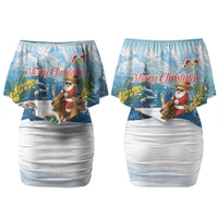 New Zealand and Australia Merry Christmas Couples Matching Off Shoulder Short Dress and Long Sleeve Button Shirt Kiwi Birds Skiing and Koala Santa Riding Kangaroo LT03 - Polynesian Pride