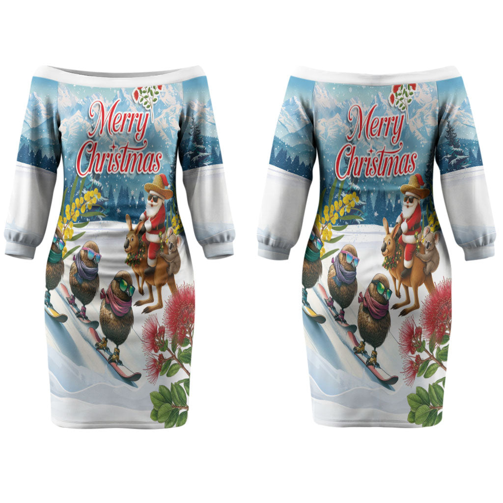 New Zealand and Australia Merry Christmas Couples Matching Off The Shoulder Long Sleeve Dress and Hawaiian Shirt Kiwi Birds Skiing and Koala Santa Riding Kangaroo LT03