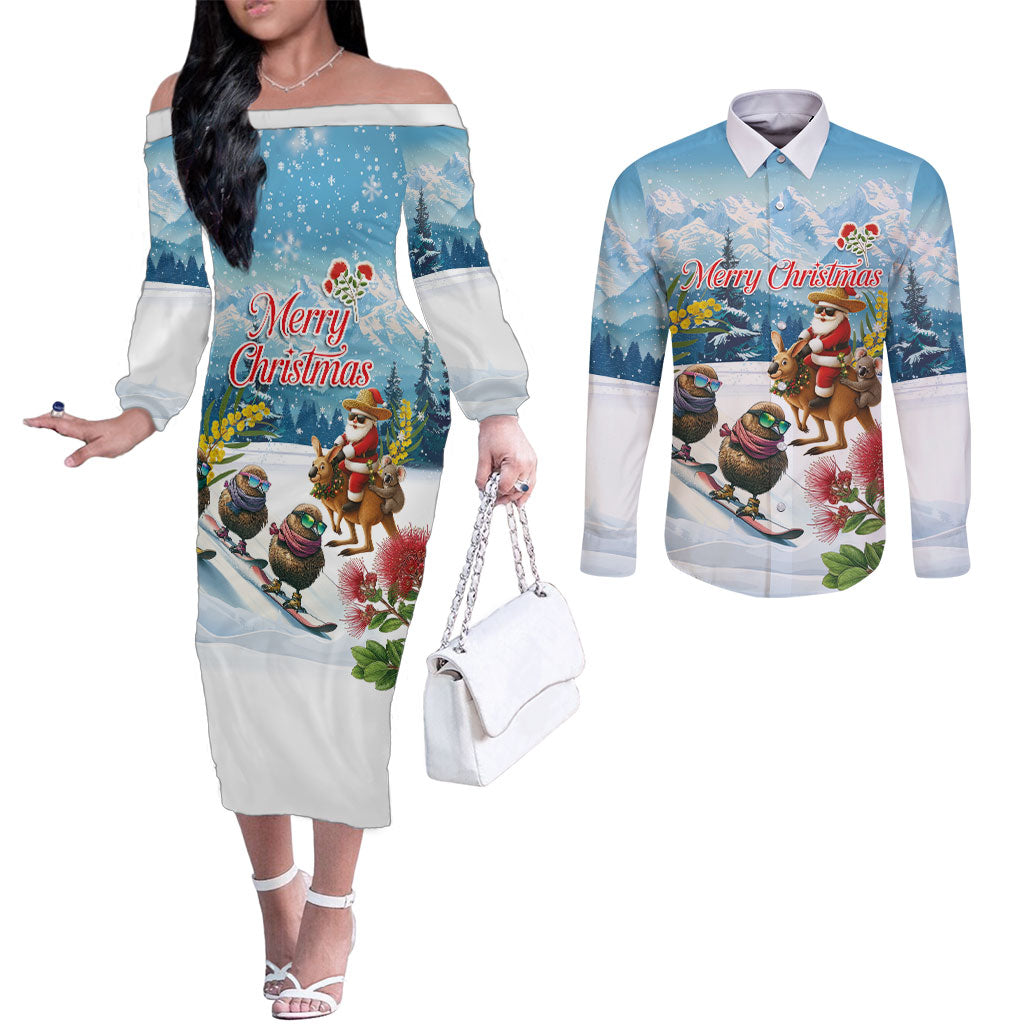 New Zealand and Australia Merry Christmas Couples Matching Off The Shoulder Long Sleeve Dress and Long Sleeve Button Shirt Kiwi Birds Skiing and Koala Santa Riding Kangaroo