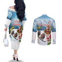 New Zealand and Australia Merry Christmas Couples Matching Off The Shoulder Long Sleeve Dress and Long Sleeve Button Shirt Kiwi Birds Skiing and Koala Santa Riding Kangaroo