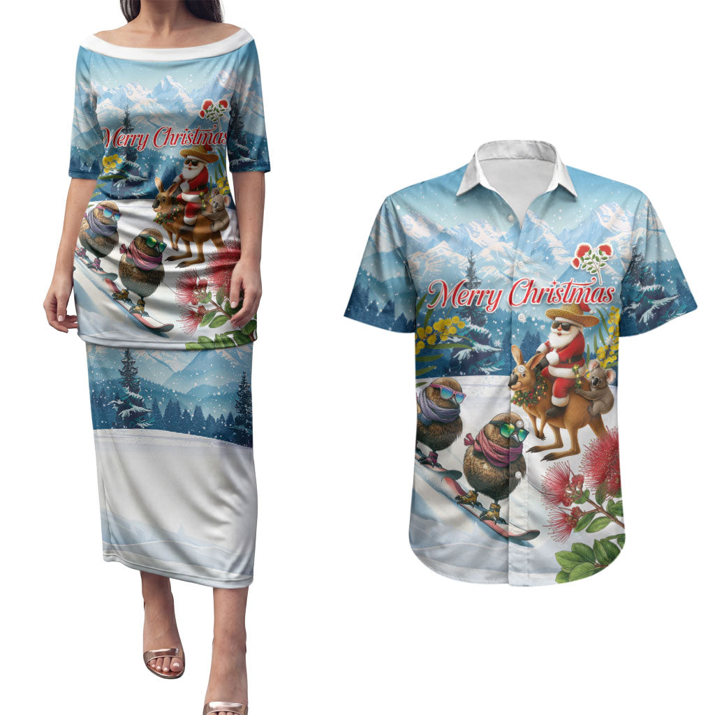 New Zealand and Australia Merry Christmas Couples Matching Puletasi and Hawaiian Shirt Kiwi Birds Skiing and Koala Santa Riding Kangaroo LT03 Multicolor - Polynesian Pride