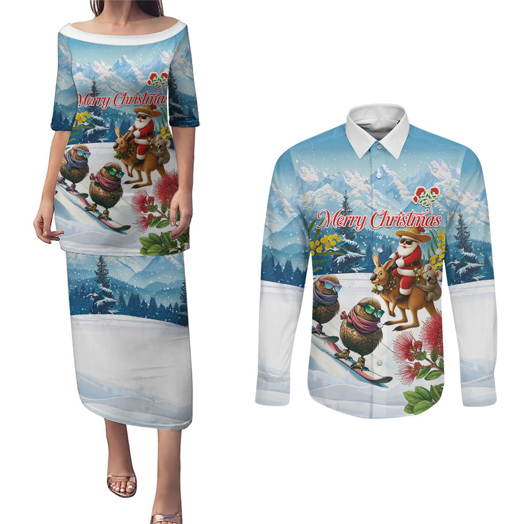 New Zealand and Australia Merry Christmas Couples Matching Puletasi and Long Sleeve Button Shirt Kiwi Birds Skiing and Koala Santa Riding Kangaroo LT03 Multicolor - Polynesian Pride