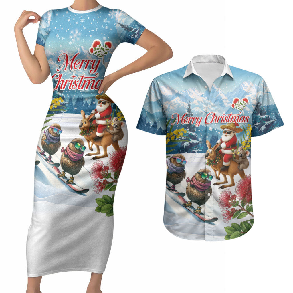New Zealand and Australia Merry Christmas Couples Matching Short Sleeve Bodycon Dress and Hawaiian Shirt Kiwi Birds Skiing and Koala Santa Riding Kangaroo LT03 Multicolor - Polynesian Pride