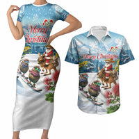New Zealand and Australia Merry Christmas Couples Matching Short Sleeve Bodycon Dress and Hawaiian Shirt Kiwi Birds Skiing and Koala Santa Riding Kangaroo LT03 Multicolor - Polynesian Pride