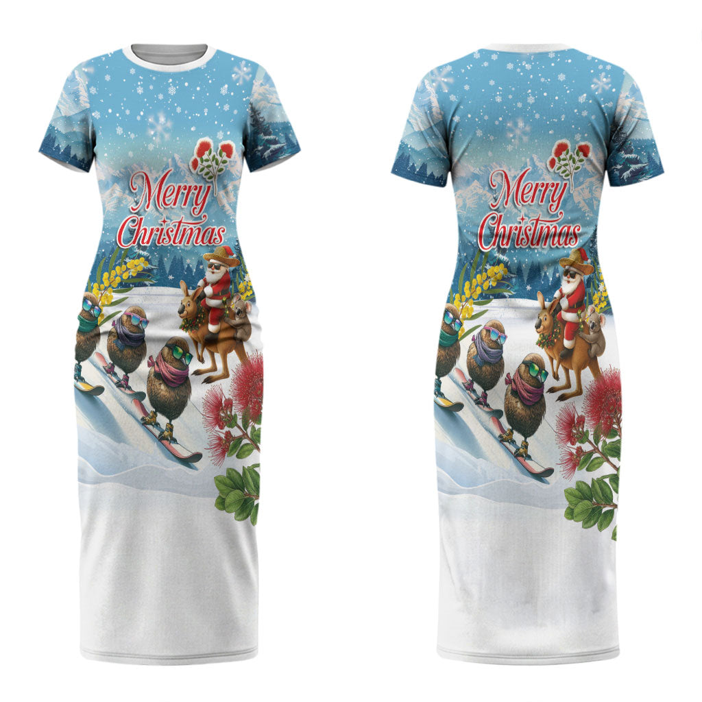 New Zealand and Australia Merry Christmas Couples Matching Short Sleeve Bodycon Dress and Long Sleeve Button Shirt Kiwi Birds Skiing and Koala Santa Riding Kangaroo LT03 - Polynesian Pride