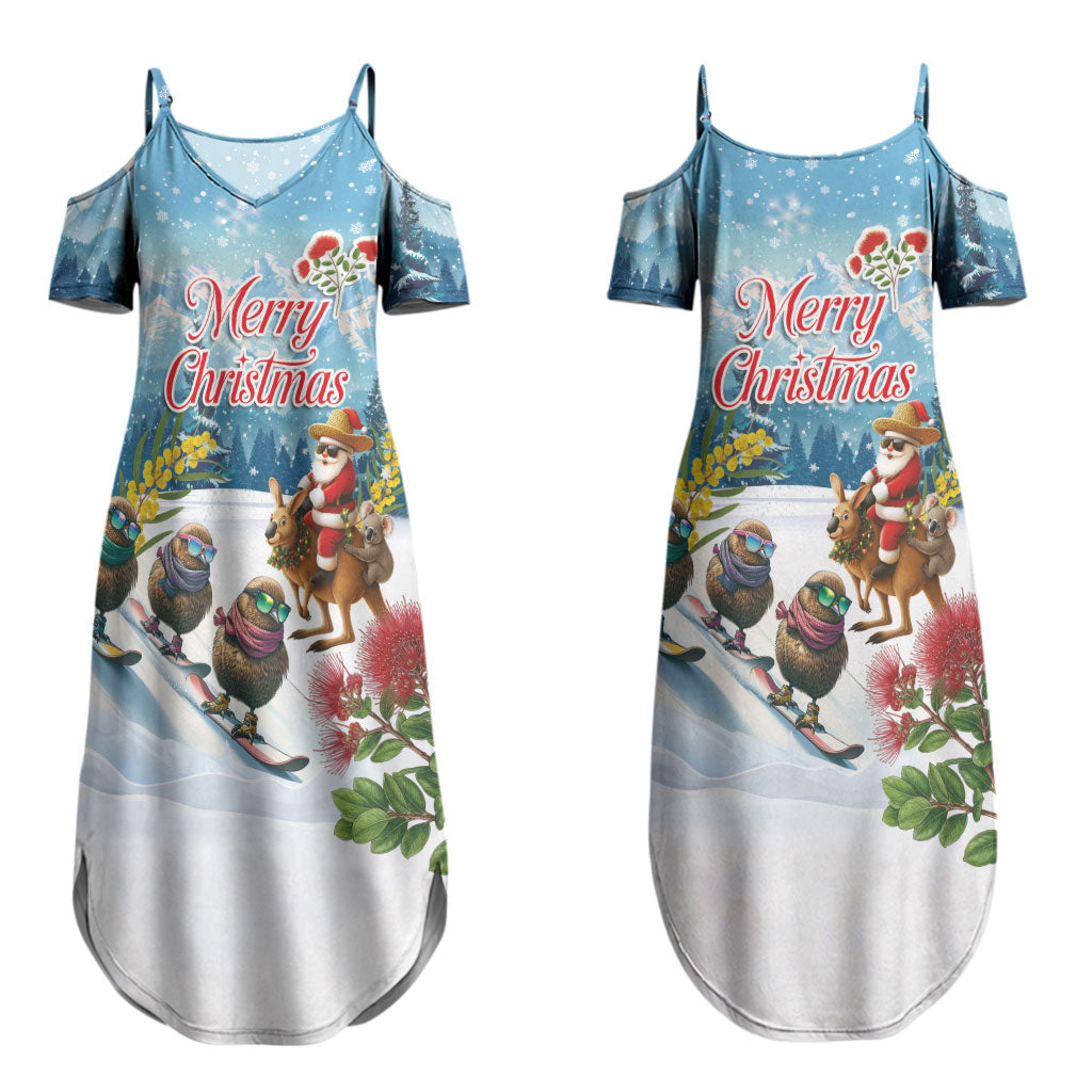 New Zealand and Australia Merry Christmas Couples Matching Summer Maxi Dress and Hawaiian Shirt Kiwi Birds Skiing and Koala Santa Riding Kangaroo LT03