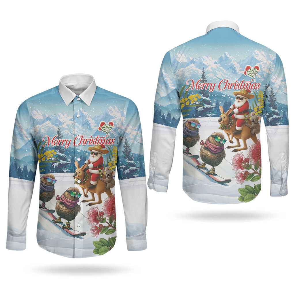 New Zealand and Australia Merry Christmas Couples Matching Tank Maxi Dress and Long Sleeve Button Shirt Kiwi Birds Skiing and Koala Santa Riding Kangaroo LT03 - Polynesian Pride
