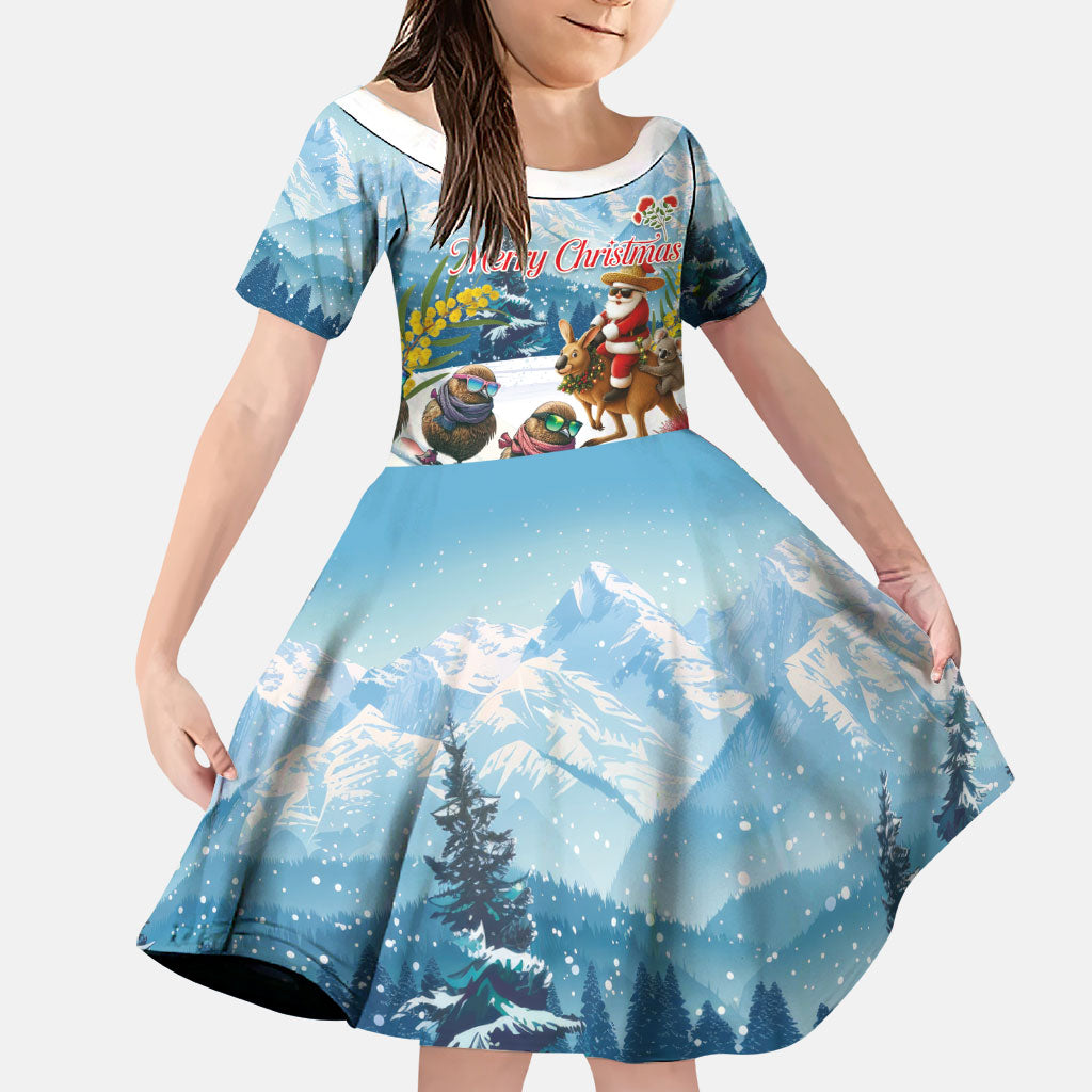 New Zealand and Australia Merry Christmas Family Matching Off The Shoulder Long Sleeve Dress and Hawaiian Shirt Kiwi Birds Skiing and Koala Santa Riding Kangaroo