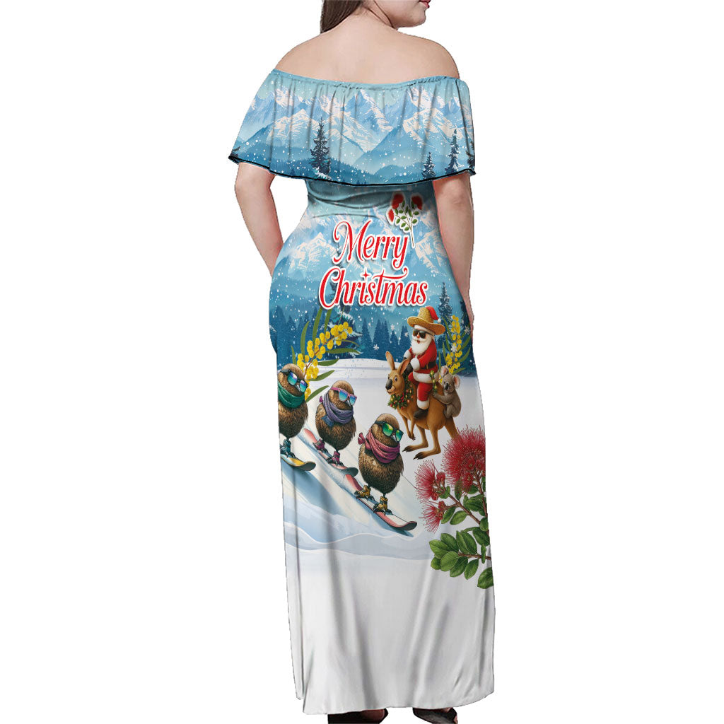 New Zealand and Australia Merry Christmas Family Matching Off Shoulder Maxi Dress and Hawaiian Shirt Kiwi Birds Skiing and Koala Santa Riding Kangaroo