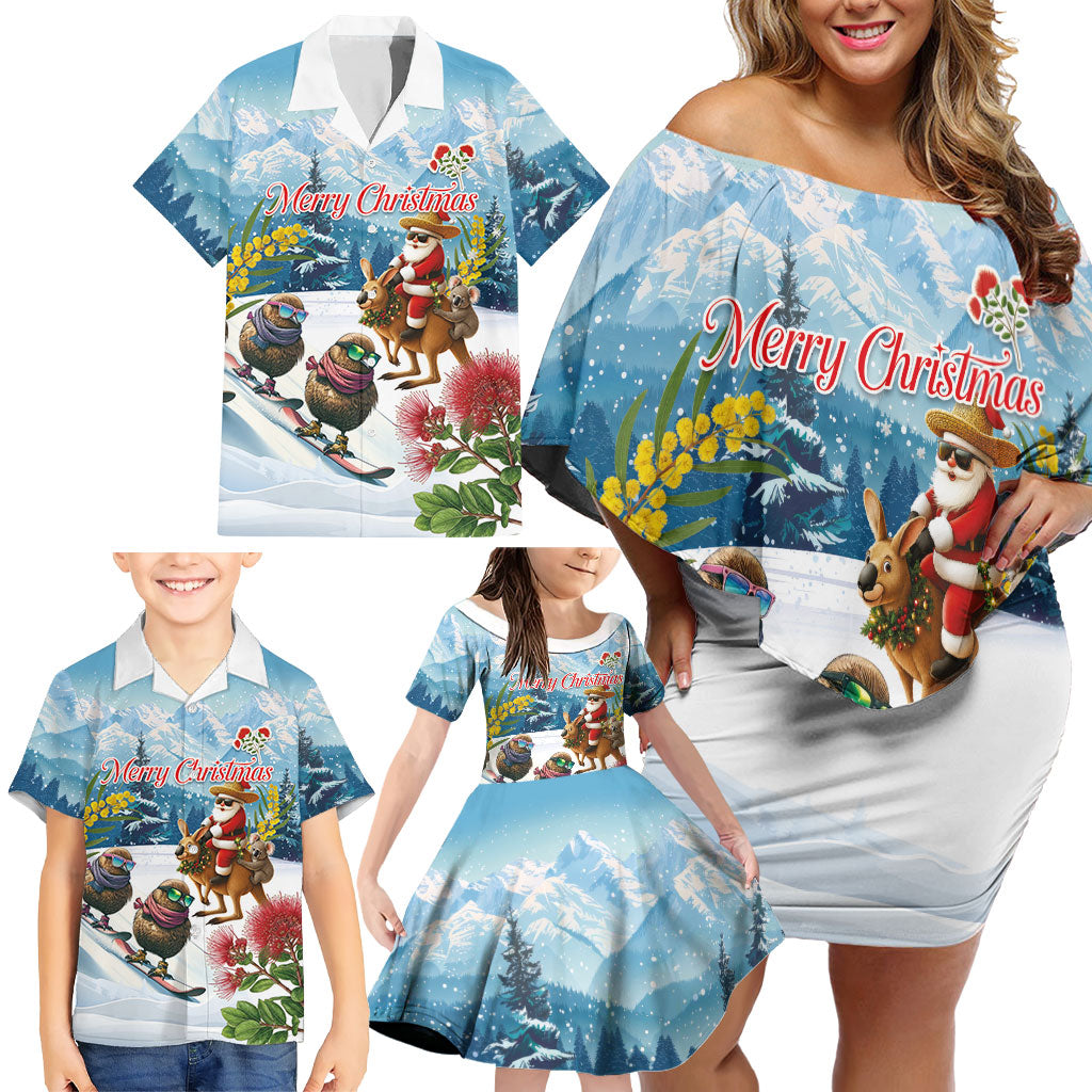 New Zealand and Australia Merry Christmas Family Matching Off Shoulder Short Dress and Hawaiian Shirt Kiwi Birds Skiing and Koala Santa Riding Kangaroo LT03 - Polynesian Pride