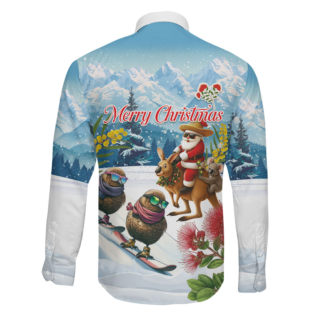 New Zealand and Australia Merry Christmas Family Matching Off Shoulder Short Dress and Hawaiian Shirt Kiwi Birds Skiing and Koala Santa Riding Kangaroo
