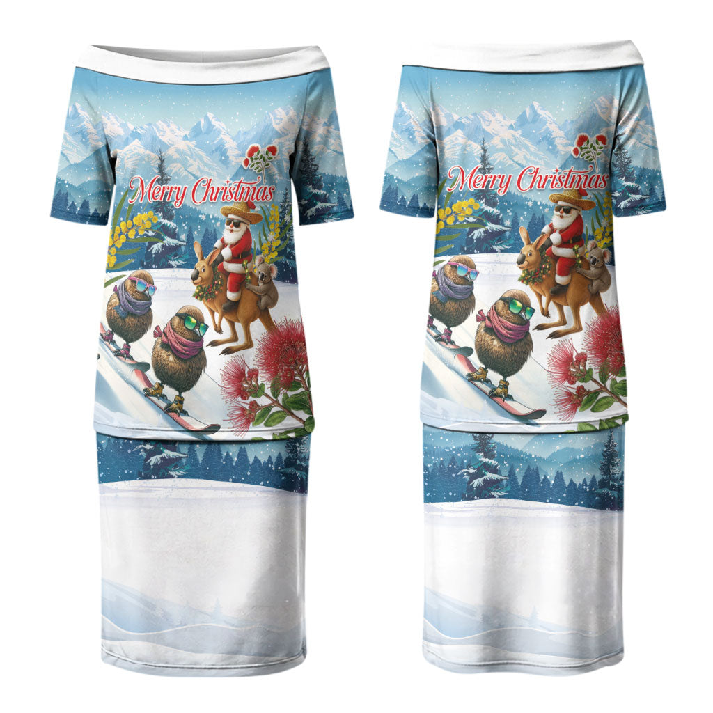 New Zealand and Australia Merry Christmas Family Matching Puletasi and Hawaiian Shirt Kiwi Birds Skiing and Koala Santa Riding Kangaroo LT03 - Polynesian Pride