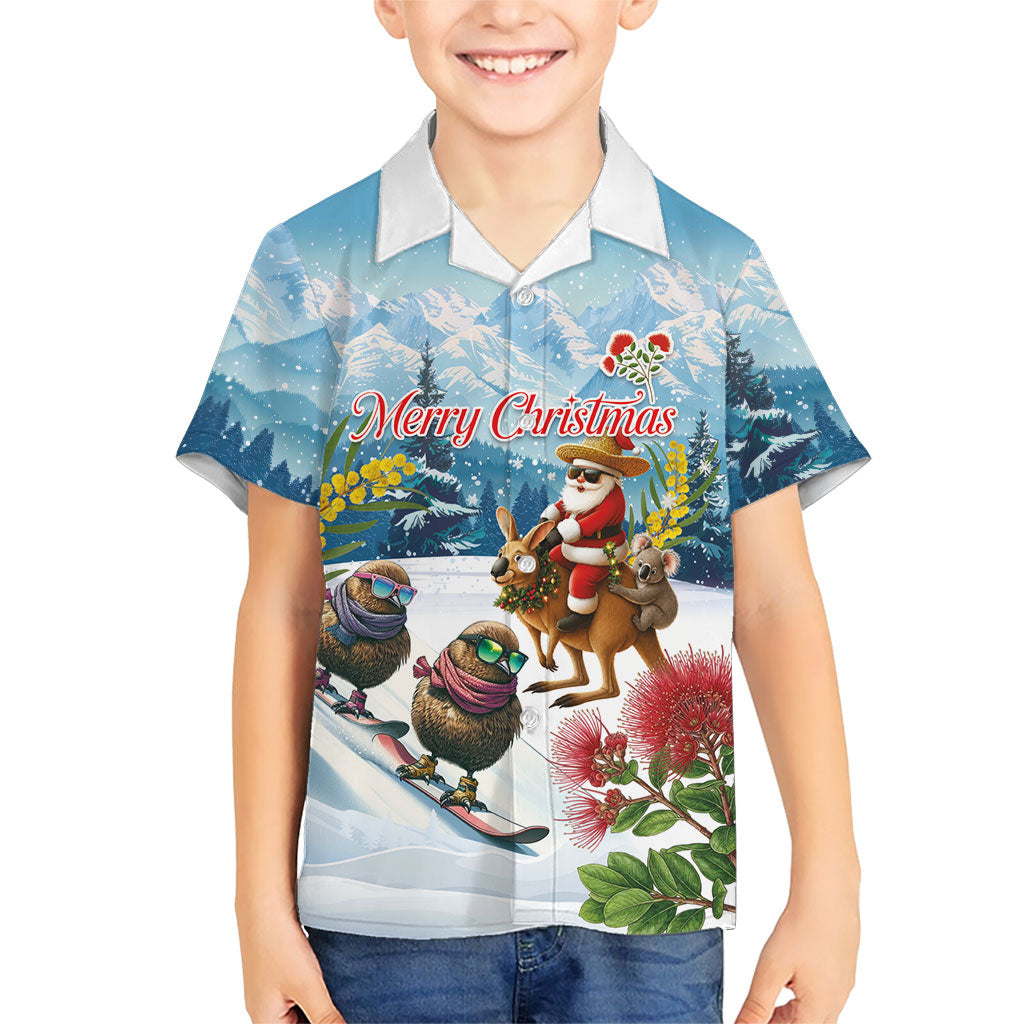 New Zealand and Australia Merry Christmas Family Matching Summer Maxi Dress and Hawaiian Shirt Kiwi Birds Skiing and Koala Santa Riding Kangaroo