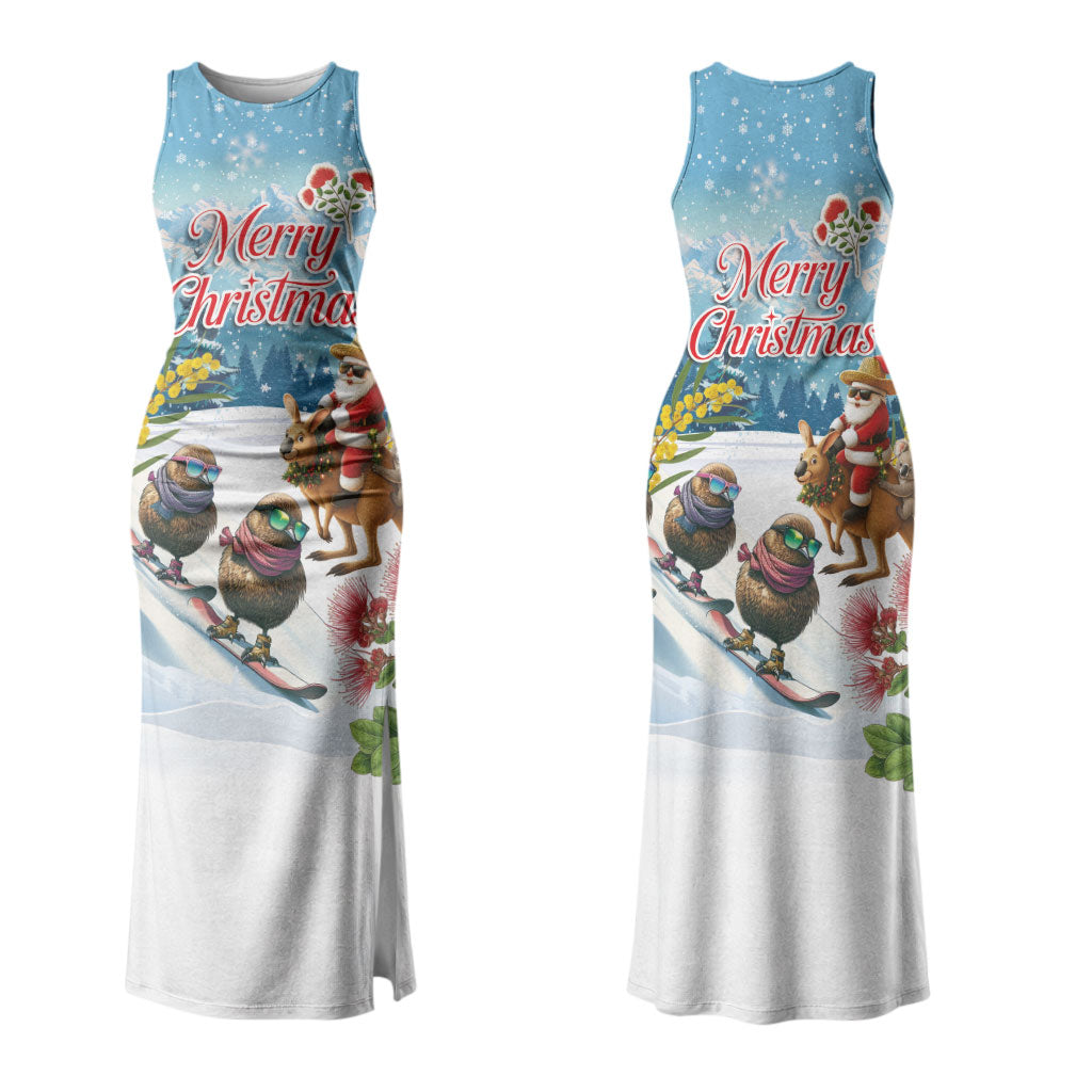 New Zealand and Australia Merry Christmas Family Matching Tank Maxi Dress and Hawaiian Shirt Kiwi Birds Skiing and Koala Santa Riding Kangaroo LT03 - Polynesian Pride
