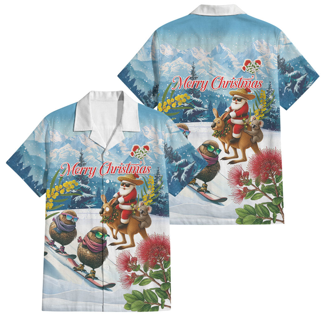 New Zealand and Australia Merry Christmas Family Matching Tank Maxi Dress and Hawaiian Shirt Kiwi Birds Skiing and Koala Santa Riding Kangaroo LT03 Dad's Shirt - Short Sleeve Multicolor - Polynesian Pride