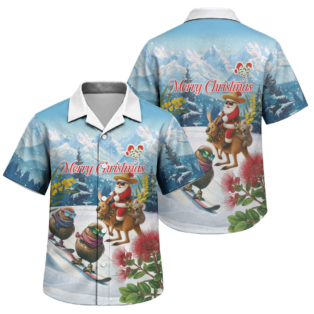 New Zealand and Australia Merry Christmas Family Matching Tank Maxi Dress and Hawaiian Shirt Kiwi Birds Skiing and Koala Santa Riding Kangaroo LT03 - Polynesian Pride