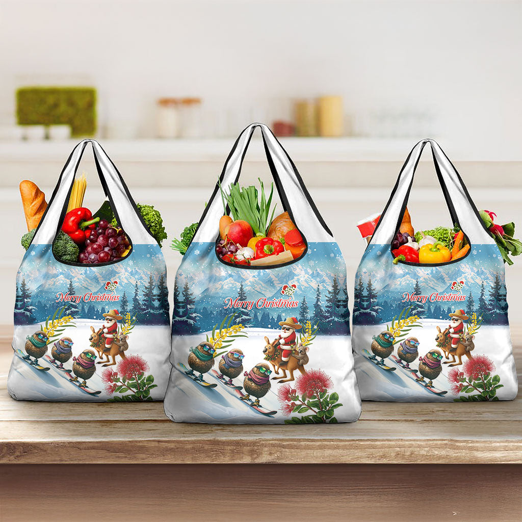New Zealand and Australia Merry Christmas Grocery Bag Kiwi Birds Skiing and Koala Santa Riding Kangaroo