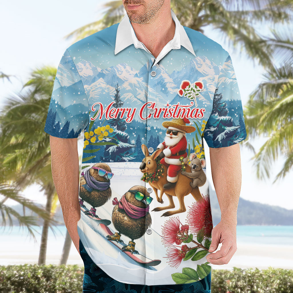 New Zealand and Australia Merry Christmas Hawaiian Shirt Kiwi Birds Skiing and Koala Santa Riding Kangaroo