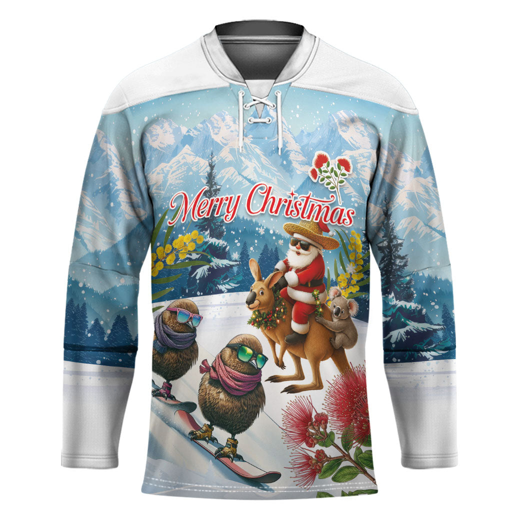 New Zealand and Australia Merry Christmas Hockey Jersey Kiwi Birds Skiing and Koala Santa Riding Kangaroo LT03 Unisex Multicolor - Polynesian Pride