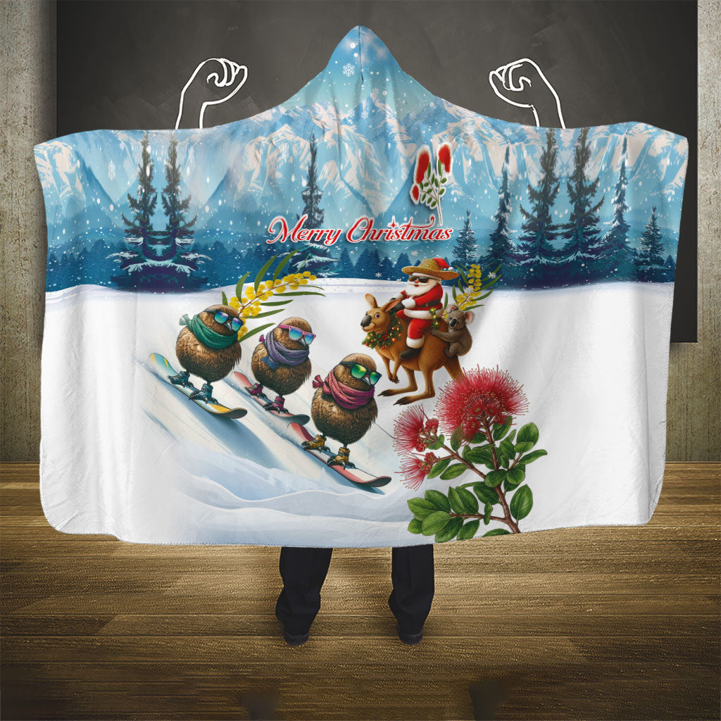 New Zealand and Australia Merry Christmas Hooded Blanket Kiwi Birds Skiing and Koala Santa Riding Kangaroo