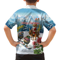 New Zealand and Australia Merry Christmas Kid Hawaiian Shirt Kiwi Birds Skiing and Koala Santa Riding Kangaroo