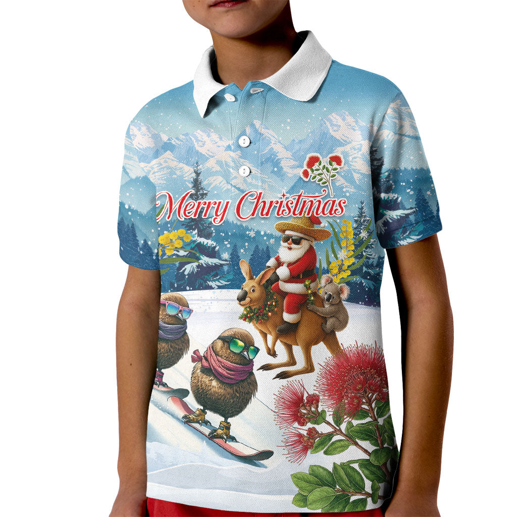New Zealand and Australia Merry Christmas Kid Polo Shirt Kiwi Birds Skiing and Koala Santa Riding Kangaroo