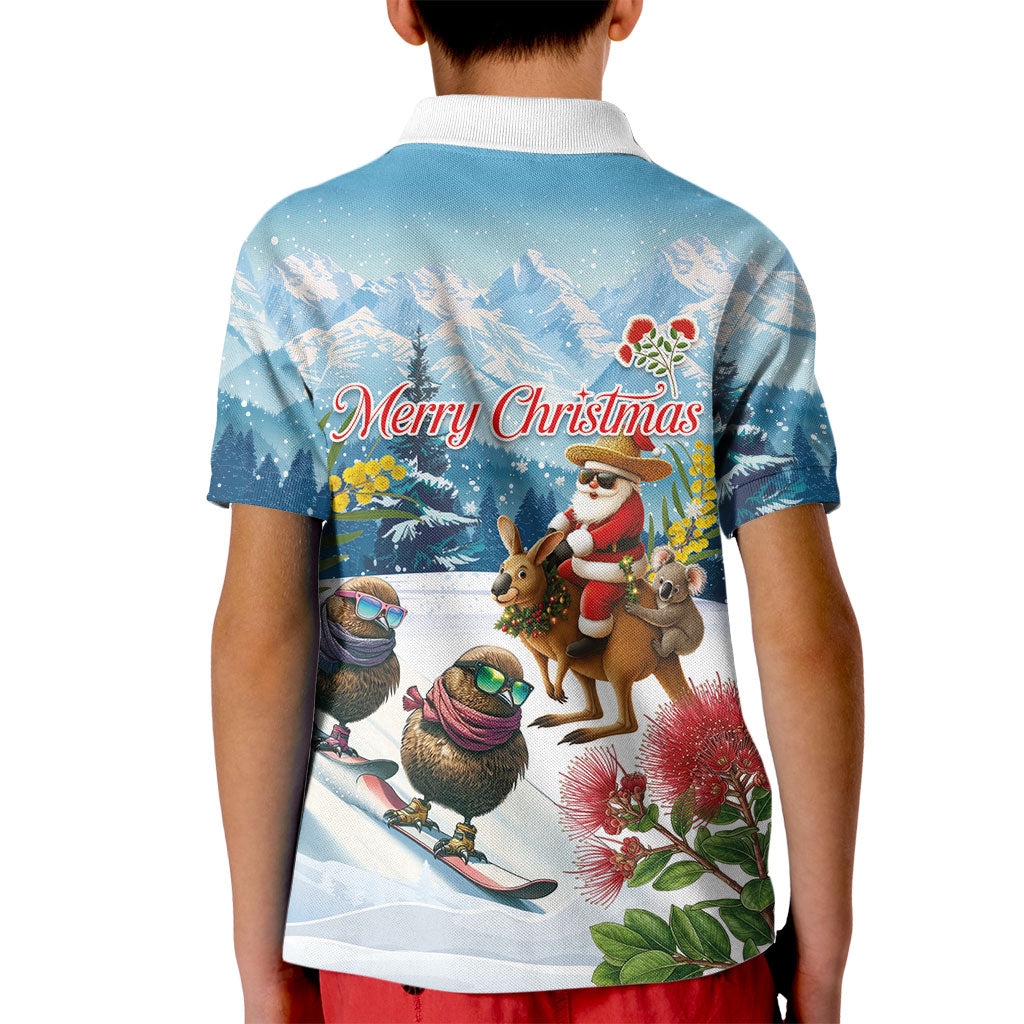 New Zealand and Australia Merry Christmas Kid Polo Shirt Kiwi Birds Skiing and Koala Santa Riding Kangaroo