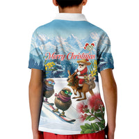 New Zealand and Australia Merry Christmas Kid Polo Shirt Kiwi Birds Skiing and Koala Santa Riding Kangaroo