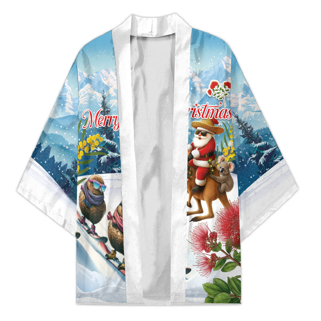 New Zealand and Australia Merry Christmas Kimono Kiwi Birds Skiing and Koala Santa Riding Kangaroo LT03 Unisex Multicolor - Polynesian Pride