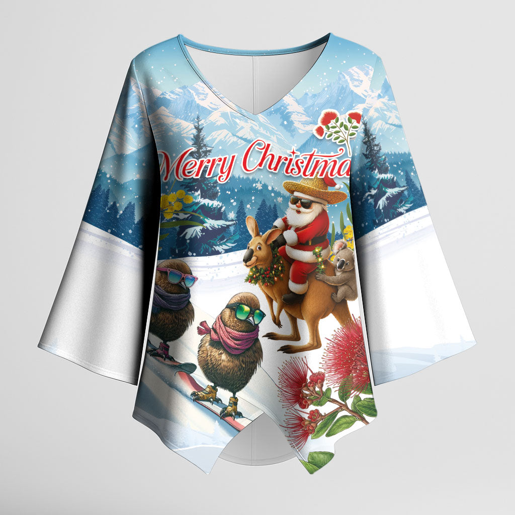 New Zealand and Australia Merry Christmas Kimono Sleeve Blouse Kiwi Birds Skiing and Koala Santa Riding Kangaroo LT03 Female Multicolor - Polynesian Pride