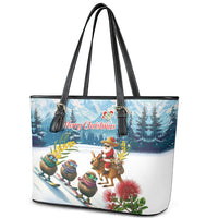New Zealand and Australia Merry Christmas Leather Tote Bag Kiwi Birds Skiing and Koala Santa Riding Kangaroo