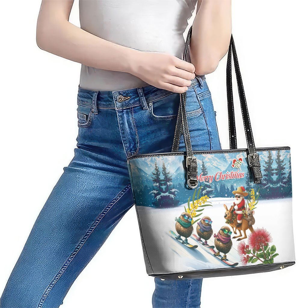 New Zealand and Australia Merry Christmas Leather Tote Bag Kiwi Birds Skiing and Koala Santa Riding Kangaroo