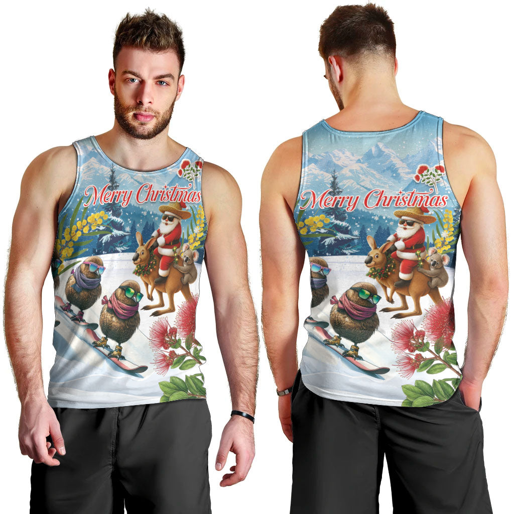 New Zealand and Australia Merry Christmas Men Tank Top Kiwi Birds Skiing and Koala Santa Riding Kangaroo